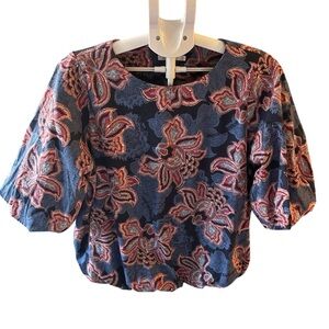 Chicos Floral Bubble Hem Top Women's Size 2 US L Blue Pink Lined Ballon Sleeve